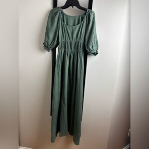 Handmade Linen Sage Green Maxi Dress with Puff Sleeves scoop neck smocked waist